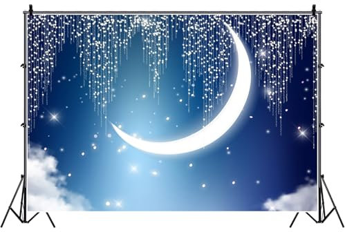 Bovlleetd 5x4ft Sparkle Moon Night Backdrop for Photography Dreamlike Galaxy Twinkle Stars Blue Starry Sky Background Newborn Baby Portrait Photo Booth Props Kids Room Good Night Wallpaper Vinyl