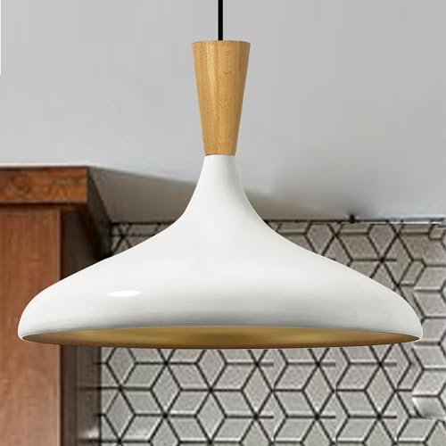bamyum Champion Pendelleuchte aus Holz, 35 cm Hängelampe Metall E27 Moderne Esstisch Lampe, Skandinavisch Pendellampe für Schlafzimmer Wohnzimmer Küche, Küchenlampe Hängend Weiß