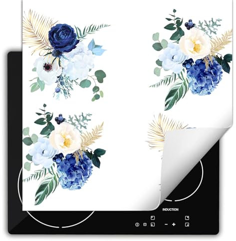 SMTDeco herdabdeckplatte Induktionsmatte herdabdeckung ceranfeld abdeckplatten für ceranfelder induktionskochfeld schutzmatte 60x52 cm Blumen weiß