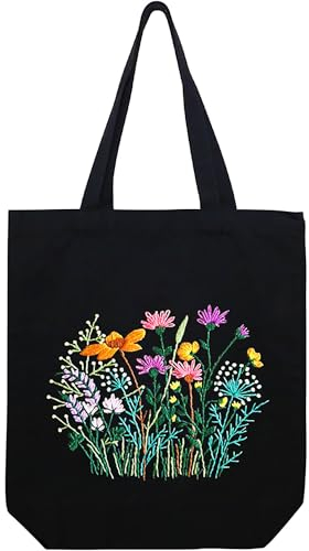 MAMUNU Canvas-Tragetasche, Stickset mit Muster für Anfänger, Kunst- und Bastelsets für Erwachsene, inklusive Anleitung (evtl. nicht in deutscher Sprache), Stickrahmen, Farbfäden und Werkzeug, Schwarz