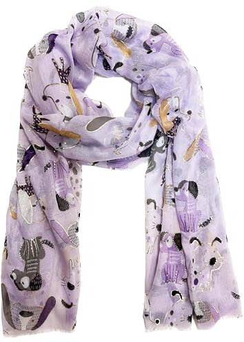 J26 Leichte Sommer Seide Tuch mit Katze Hunde Motiv XL Schal Silk Seidenschal Seindentuch Cat Dog Halstuch Hochwertig Glitzer (Glitzer Hunde Lila)