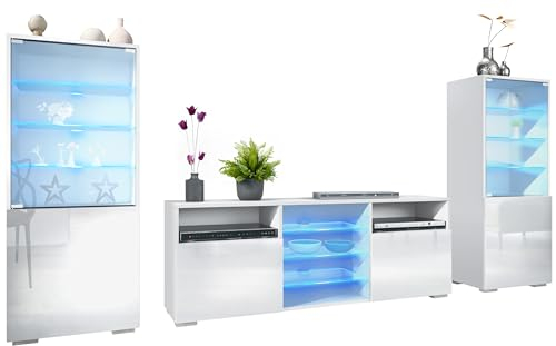 Vladon Wohnwand Granada, Anbauwand bestehend aus 2 Vitrinen und 1 TV-Board, Weiß matt/Weiß Hochglanz inkl. LED-Beleuchtung (286 x 122,5 x 35 cm)