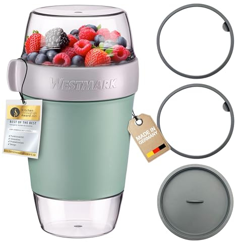 Westmark Lunchpot-Set groß – 3 auslaufsichere Fächer: 350 ml, 600 ml, 200 ml, inkl. 2 Dichtungsringen + 1 Ersatz-Deckel – Mint-Grün/Grau/Klar, 528722EM