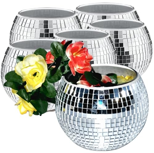 ROSEONE 6 Stück Discokugel Blumentopf,Klein Discokugel Vase,Discokugel Pflanztöpfe,Spiegelkugel Pflanzgefäß,Glas Disco Kugel Übertöpfe Discokugel Deko für Party Büro,Küche (Silber, 4 * 5 * 5 Zoll)