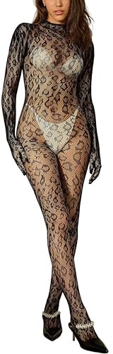 Bommi Fairy Women’s Leopard Lace Jumpsuits Bodycon See Through One Piece BodySuit Cat Costume Tights Backless Shapewear (Black, One Size)