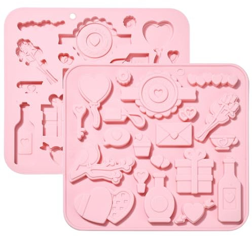 Stiesy 2Pcs 20 Cavity Love Theme Silicone Moulds Reusable Heart Silicone Fondant Cake Mold Key Perfume Bottle Baking Molds for DIY Chocolate Soap Pudding Candy Valentine's Day Gifts