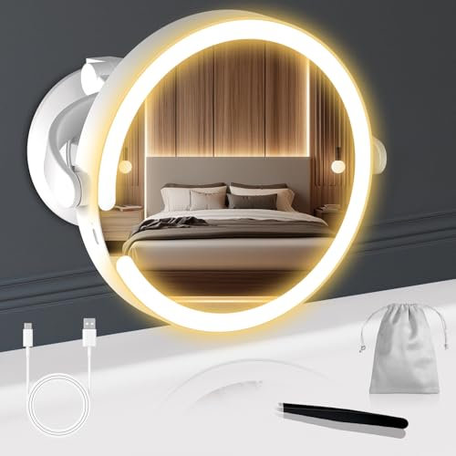 Robofun - Espejo de maquillaje luminoso con ventosa potente, 20 espejos de aumento luminoso, espejo de aumento de luz ajustable en intensidad, con una altura ajustable de 25 cm