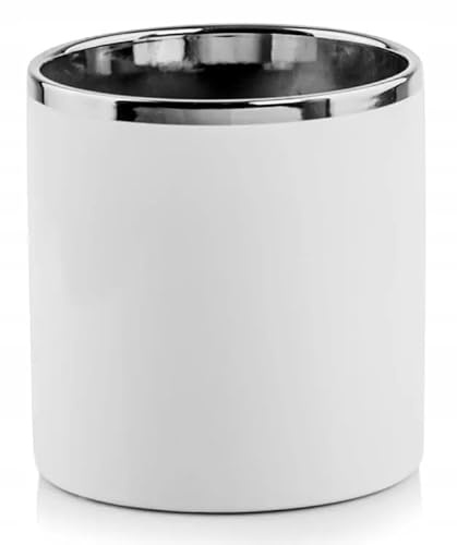 DomoDomo Keramik-Zylinder Blumentopf 16 cm, Weiß/Silber, Glänzend, Mit Schonendem Untergrund, Einzigartiges Design für Zimmerpflanzen