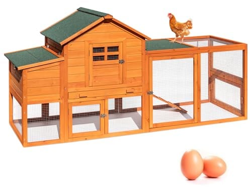Large Wooden Chicken Coop for 4-6 Chickens, Secure Outdoor Hen House with Enclosed Run, Weather-Resistant Roof, Easy-Clean Slide-Out Tray & Nesting Boxes (Includes 2 Training Eggs)