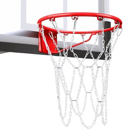 Basketballnetz mit Kette, robuster Ersatz, Karbonstahl, rostfrei, für drinnen und draußen, Standard-Basketballkorb mit 12 Schlaufen, Weiß