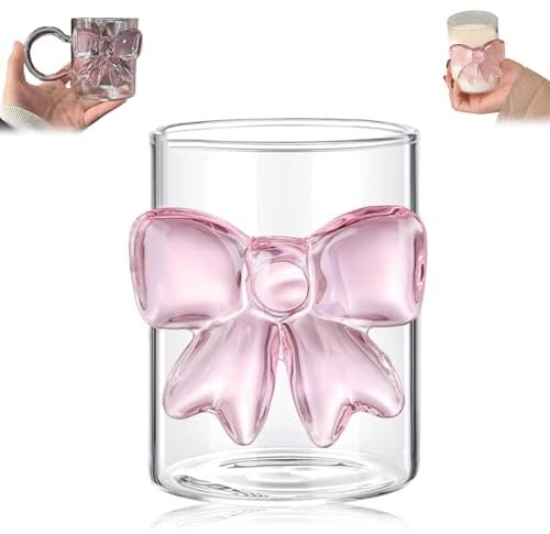 Bow Glass Cup, 3D Bow Clear Drinking Glass Cup, Pink Bows Drinking Glasses with Handle, Clear Milk Juice Coffee Mug for Weddings, Engagements, and Special Occasions (Style A)
