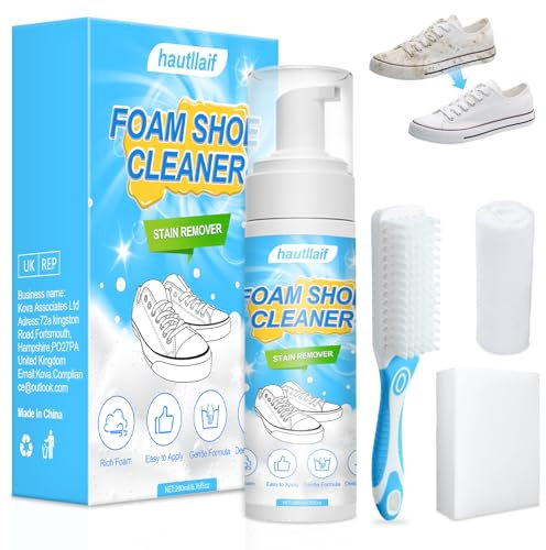 hautllaif Shoe Cleaner,200ml White Trainer Cleaner Kit with Shoe Brush & Cloth,Removes Dirt & Stains,Sneaker Cleaning Kit for Leather, Knit, Boots, Canvas, Suede, Fabric, Rubber, PU
