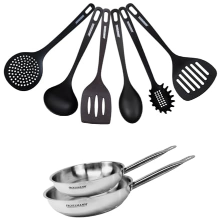 Fackelmann 9438450 2 Pfannen 20 und 24 cm Edelstahl 18/8 und 6 Eterna-Utensilien, für alle Herdarten, Induktionspfanne, PFAS-frei, genieteter Griff, Edelstahl, Kunststoff, 20 und 24 cm