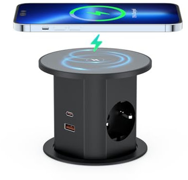 Versenkbare Steckdose, Dinolink Tischsteckdose Versenkbare mit 15W Kabellosem Ladegerät, D 85mm, 2 Schuko, 2 PD 20W USB A+C, 1.8m Kabel, Einbausteckdose für Küchenarbeitsplatte & Büro (Schwarz)