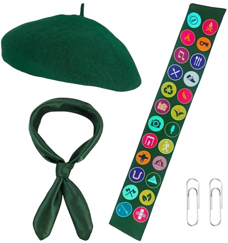 Alaxciax Pfadfinder Kostüm Set, Pfadfinder Schärpe Mit Besticktem Grün Baskenmütze Schal Pfadfinders für Frauen für Karneval