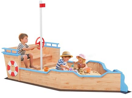 Kids Wooden Sand Pit, Pirate Ship-Shaped Sandbox with Bench, Wooden Kids Sandpit, Pirate Ship Sand Boat | Bottomless Design Includes Non-Woven Liner for Backyard & Playgrounds