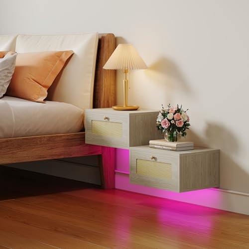 Ztexkee 2er Set Hängender Nachttisch Rattan Nachtschrank hängend mit RGB LED Lichtleiste und 1 Schublade für Schlafzimmer, Wohnzimmer Beige