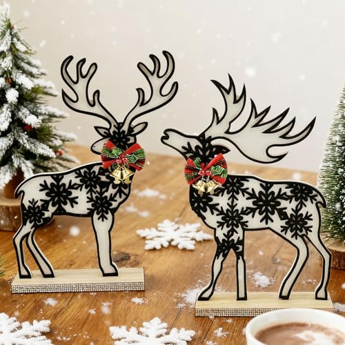 2 Stück Holz-Rentiere Weihnachten Deko mit Glocke,Schwarz Hirsch Deko Weihnachten Holz Weihnachtsdeko,Christmas Ornaments mit Basis,Weihnachtsdekorationen für Fensterbank Kaminsims Tischdeko Geschenk