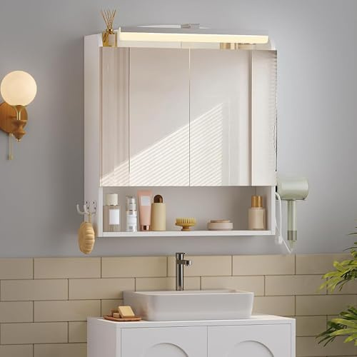 Hzuaneri Bathroom Cabinet with Mirror, LED Lights, Hair Dryer Shelf, Hooks | Bathroom Wall Cabinet,Mirror Cabinets with Doors and Open Compartment, Adjustable Shelf
