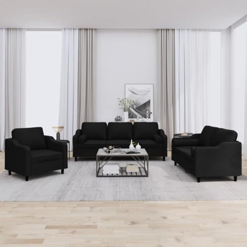QJBSAVVA 3-TLG. Sofagarnitur Schwarz Stoff Sessel 2-Sitzer und 3-Sitzer Sofa Set mit Kissen Bequem & Langlebig für Wohnzimmer Balkon und Jugendzimmer