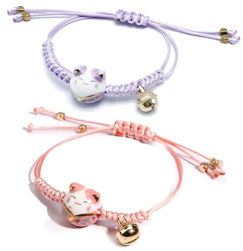JRYXDS 2 Pièces Bracelet Chat Porte Bonheur Japonais Mignon Chat Bracelet En Perles En Céramique Bracelet Porte Bonheur Avec Cloche, Rose, Violet