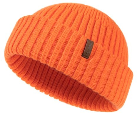 Comhats Fischer Mütze Herren Wollmütze Kurz Docker Haube Trawler Fisherman Beanie Hat Damen Merino Wolle Strick Winter Cap Großer Kopf Ski M/L Orange