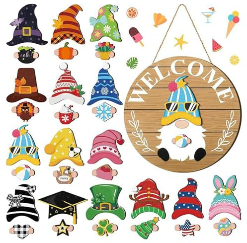 Ailan Austauschbares Willkommensschild für die Haustür, Halloween Weihnachten Holz Deko mit 30 Stück abnehmbarer Magnet Hut und Hand Willkommensschild für Wohnkultur (Typ C)
