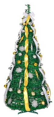 Suusolny 150cm Pop-Up Künstliche Weihnachtsbäume Faltbarer Weihnachtsbaum mit Beleuchtung Tannenbaum Künstlich Schnellaufbau Klappsystem Christbaum Dekobaum Dunkelgrün mit Bändern - Silber&Gold Deko
