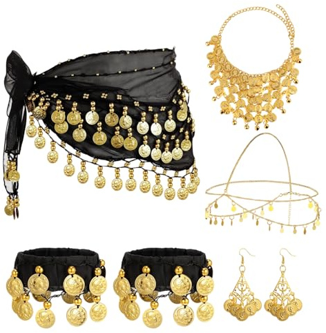 MmotZsb Bauchtanz Kostüm Damen, Wahrsagerin Kostüm, Belly Dance Outfit 7-teilig in Schwarz und Gold, Bauchtanz Gürtel und Hüfttuch für Tanzaufführungen und Partys