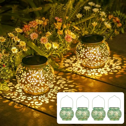 Cadeaux pour femme maman - Lot de 4 lampes solaires pour l'extérieur - À suspendre ou à poser - Oriental - 15 lm - LED blanc chaud - Pour l'extérieur - Résistant aux intempéries - IP65 - Vintage