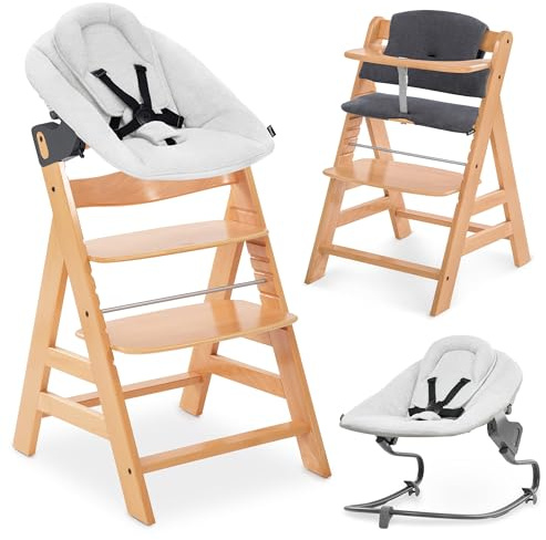 hauck Alpha+ Hochstuhl Newborn Set mit Premium Bouncer - Natural | Mitwachsender Holz Kinderhochstuhl ab Geburt bis 90 kg | inkl. Neugeborenenaufsatz & Sitzkissen