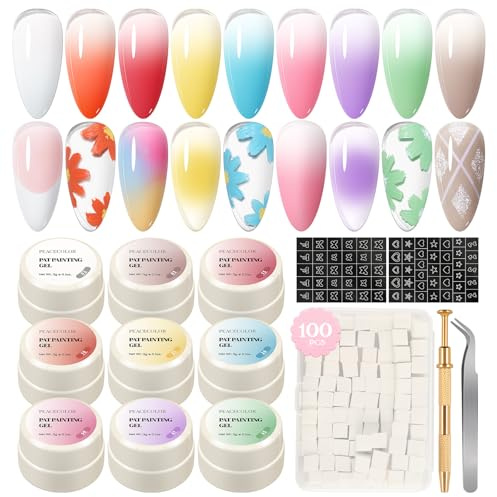 PEACECOLOR Kit de Vernis à Ongles Ombre,9 Couleurs Ombré Gel | Nude Rouge Jaune Bleu Vert Vernis Semi-Permanent Dégradé Effet, avec 1 Stylo Manucure et 100 Éponges