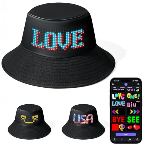 XAXVSTS Programmierbarer LED Fischerhut Bluetooth App Steuerung Smart Hut mit Anzeige für Eigene Texte Laufschrift Bucket Hat für Festival Party Laufen USB Aufladbar