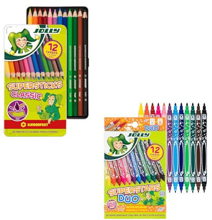 JOLLY Bundle Buntstifte Supersticks | Bruchfeste, ungiftige Farbstifte | 12 Stifte Superstar DUO Fasermaler | Dicke und dünne Spitze | Hochwertiger Filzstift | Auswaschbar | 12 Stück