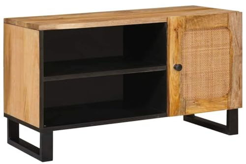 QUAHEAS Mueble para TV de madera maciza de mango, color marrón, 80 x 33 x 46 cm, con puerta y espacio de almacenamiento para sala de estar, consola de medios de comunicación HiFi Rack Aparador Cómoda