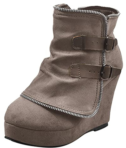 XOUSAEKM ankelstövlar för kvinnor UK boho slouch mocka plattform kilstövlar, Khaki, 39.5 EU