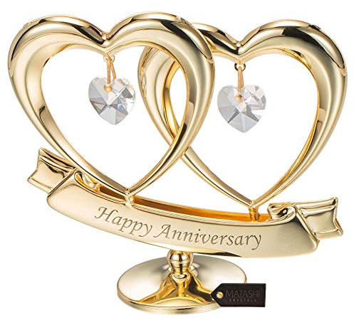 Matashi 24K Gold Plated Anniversary Heart Sculpture with Crystals – Double Heart Statue - Perfect Christmas and Holiday Gift and Premium Quality Cake Topper