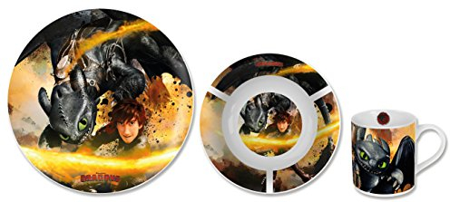 Dragons 3 teiliges Porzellan Frühstück-Set Teller Becher Müslischale im praktischen Geschenkkarton Design 2016