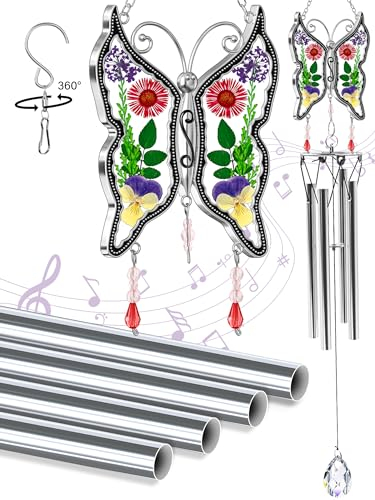 Windspiel, Schmetterlinge, Glas, Metall, echte Blume und mehrfarbig, 4 Röhren, Aluminium-Windspiel mit S-Haken, elegantes Klangspiel für Outdoor, Garten, Balkon und Heimdekoration mit Windfänger,