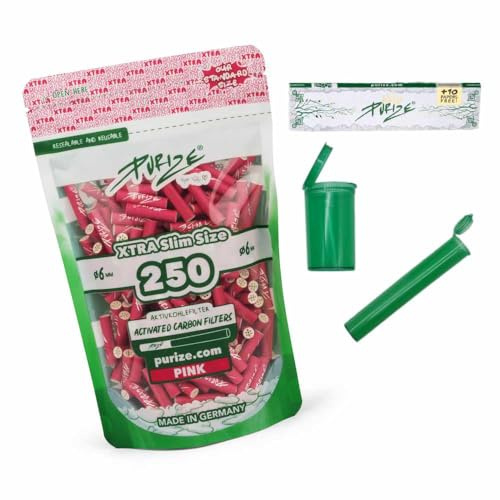 PURIZE 250 Stück XTRA Slim Aktivkohlefilter 6mm (5,9mm) mit Keramikkappen – inkl. Joint Tube, PopUp Döschen, Papers & Sticker