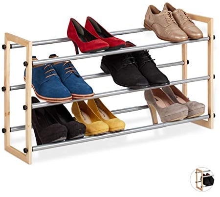 Relaxdays Schuhregal ausziehbar, offener Schuhständer mit 3 Ebenen, Holz & Eisen, erweiterbar bis 118 cm Breite, Natur