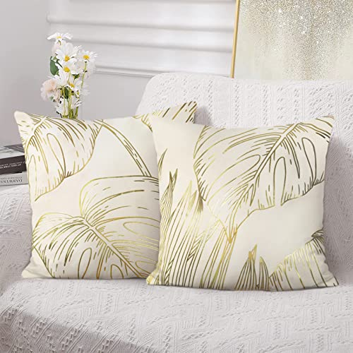 Bonhause 2er Set Kissenbezüge Goldene Blätter 45 x 45 cm Samt Soft Dekorative Kissenhülle Goldfolien-Druck Zierkissenbezüge für Sofa Schlafzimmer Wohnzimmer Auto Zuhause Dekoration