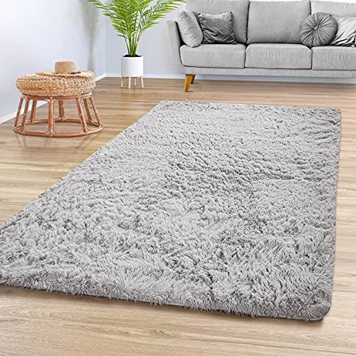 TT Home Teppich Wohnzimmer Hochflor Langflor Weich Soft Modernes Einfarbiges Design, Farbe: Grau Silber, Größe:80x150 cm