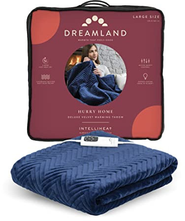 Dreamland Hurry Home Heated Throw – Navy Blue Quilted Herringbone Deluxe Velvet Electric Blanket Perfect for bed and Sofa, Fast Heating, Machine Washable, Detachable Control, Timer, 160x120cm