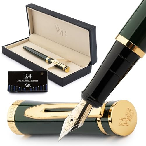 Wordsworth & Black Fountain Pen Set, 18K Gilded Extra Fine Nib, Includes 24 Pack Ink Cartridges, Ink Refill Converter & Gift Box, Gold Finish, Calligraphy, [Racing Green], Perfect for Men & Women