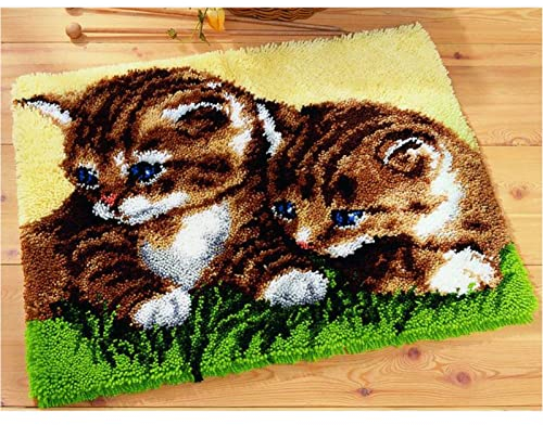 VIONNPPT Süße Katze Knüpfteppich Zum Selber Knüpfen DIY Stickkissen Teppich, Unfinished Häkelteppich Set mit Vordruck, Latch Hook Kits für Kinder und Erwachsene (Zwei,50cmx38cm)