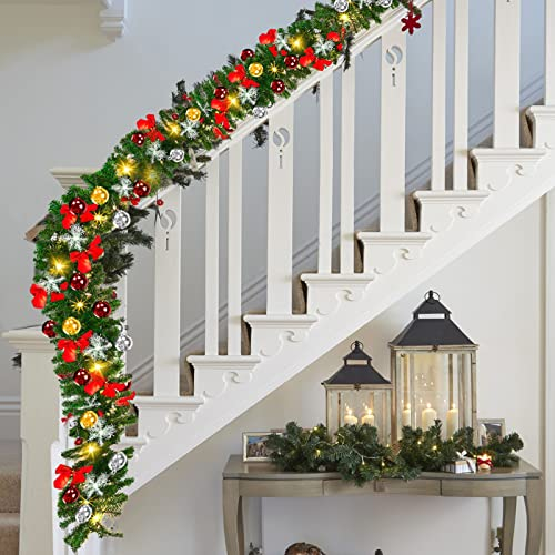 Yakimz Weihnachtsgirlande Künstliche, 5m mit 100 LEDs Warmweiß Lichterketten, inkl.Deko, Weihnachtskranz Künstliches Grün Tannengirlande Weihnachtsdeko Innen und Außen Girlande