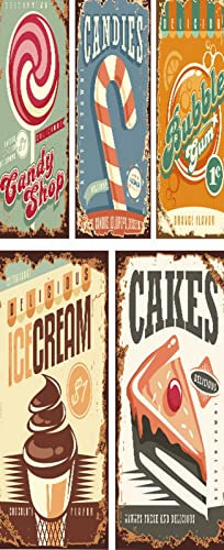 A.Monamour Adesivo Porta Autoadesiva 3D Insegne Di Latta Del Negozio Di Caramelle Vintage Con Dolci, Torte, Gelato E Gomma Da Masticare Vinile per Porte Pellicola Adesiva Poster Sticker Murale Parete