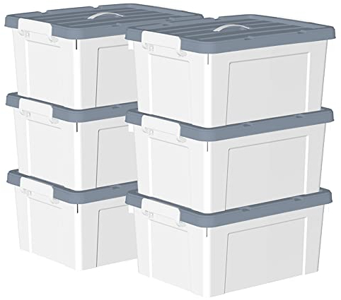 Cetomo 35L * 6 Kunststoff-Aufbewahrungsbox Box mit haltbarem Deckel und Sicherheitsverschluss stapelbar und verschachtelt 6-Packs weiß