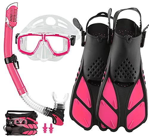 Erwachsene Maske Schnorchelflossen Set, Schnorchelausrüstung für Erwachsene mit Flossen, Schnorchelsets mit Flossen, Erwachsene Anti Leak Scuba Gear mit verstellbaren Flossen Tauchmaske Full Dry Top